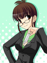 Rule 34 | 10s, 1girl, akizuki ritsuko, bad id, bad pixiv id, breasts, brown eyes, brown hair, cleavage, folded ponytail, formal, glasses, handheld game console, highres, idolmaster, idolmaster (classic), idolmaster 2, medium breasts, nintendo ds, pant suit, pants, ponytail, short hair, smile, solo, suit, totokichi