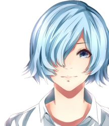 Rule 34 | 1girl, blue eyes, blue hair, closed mouth, collared shirt, derivative work, g4265059, hair over one eye, kirishima touka, light blue hair, looking at viewer, portrait, shirt, short hair, simple background, smile, solo, tokyo ghoul, tokyo ghoul:re, white background, white shirt