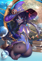 Rule 34 | 1girl, alternate breast size, aqua eyes, artist request, ass, book, book stack, breasts, cameltoe, cape, detached sleeves, elbow gloves, embarrassed, feet, from behind, genshin impact, gloves, hair ornament, hair ribbon, hat, highres, leotard, long hair, looking at viewer, medium breasts, mona (genshin impact), open mouth, pantyhose, purple hair, ribbon, sideboob, sitting, sky, solo, star (sky), starry sky, twintails, very long hair, yokozuwari