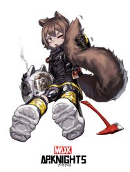 Rule 34 | 1girl, animal ears, arknights, artist name, axe, boots, brown eyes, brown hair, chinese commentary, commentary request, copyright name, fire axe, fire helmet, firefighter, full body, gloves, grabbing own tail, grimace, highres, knee pads, large tail, max-k, medium hair, one eye closed, petite, shaw (arknights), simple background, sitting, solo, squirrel ears, squirrel girl, squirrel tail, tail, v-shaped eyebrows, white background, wiping face