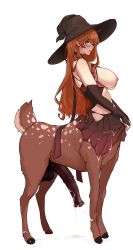 Rule 34 | 1futa, absurdres, animal penis, black skirt, blush, breasts, breasts out, bridal gauntlets, brown fur, brown hair, centauroid, clothes lift, commentary, commission, cum, cum on body, cum on breasts, cum on self, cum on upper body, deer tail, english commentary, from side, full body, futanari, glasses, green eyes, hair between eyes, hat, highres, horse penis, large breasts, long hair, looking at viewer, monster girl, monsterification, multiple legs, nipples, original, parted lips, penis, pleated skirt, profile, round eyewear, sidelocks, simple background, skirt, skirt lift, solo, standing, stomach, tail, taur, testicles, todding, uncensored, white background, witch hat