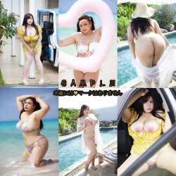 Rule 34 | 1girl, asian, ass, bikini, breasts, brown hair, chouzuki maryou, collage, dress, huge ass, large areolae, lipstick, makeup, photo (medium), plump, pool, solo, swimsuit