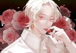 Rule 34 | 1boy, absurdres, bishounen, collared shirt, flower, food, freckles, fruit, girly boy, grey hair, highres, looking at viewer, male focus, nail polish, open clothes, original, parted bangs, piercing, raspberry, red eyes, red nails, rimei1226, rose, shirt, short hair, solo, white hair, white shirt