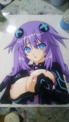 Rule 34 | 10s, 1girl, blue eyes, blush, braid, breasts, cleavage, hair ornament, hasamimushi, highres, large breasts, long hair, looking at viewer, neptune (neptunia), neptune (series), nipples, purple hair, purple heart (neptunia), solo, symbol-shaped pupils, tears, traditional media, twin braids, undressing, very long hair