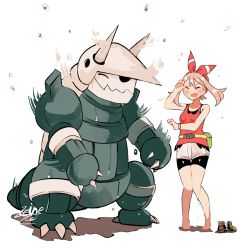 Rule 34 | 1girl, aggron, alternate color, barefoot, bike shorts, bike shorts under shorts, blush, bow hairband, bracelet, brown hair, claws, closed eyes, commentary request, creatures (company), fanny pack, game freak, gen 3 pokemon, hairband, hand up, jewelry, keinesandayoooo, knees together feet apart, may (pokemon), nintendo, open mouth, pigeon-toed, pokemon, pokemon (creature), pokemon oras, red hairband, red shirt, shiny pokemon, shirt, shoes, shorts, signature, sleeveless, sleeveless shirt, standing, unworn shoes, water drop, white background, white shorts, yellow bag, yellow footwear