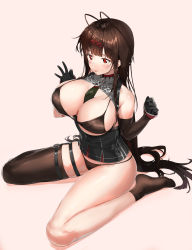 Rule 34 | 1girl, :p, absurdres, antenna hair, asymmetrical legwear, between breasts, bikini, black bikini, black gloves, blunt bangs, blush, breasts, brooch, brown hair, corset, dsr-50 (girls&#039; frontline), elbow gloves, girls&#039; frontline, gloves, highres, jewelry, large breasts, long hair, looking at viewer, necktie, necktie between breasts, pixel (yuxian), red eyes, simple background, single thighhigh, sitting, smile, socks, solo, swimsuit, thigh strap, thighhighs, tongue, tongue out, uneven legwear, wariza