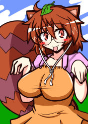 Rule 34 | 1girl, :p, animal ears, blush stickers, breasts, brown eyes, brown hair, futatsuiwa mamizou, glasses, large breasts, leaf, leaf on head, object on head, raccoon ears, raccoon tail, rindou (p41neko), solo, tail, tongue, tongue out, touhou