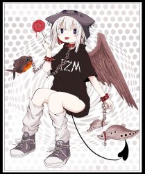 Rule 34 | 1girl, ashi izumo, black hoodie, bracelet, bright pupils, candy, chain, clothes writing, collar, demon tail, double-parted bangs, feathered wings, fish, food, full body, grey background, grey footwear, grey headwear, grey leg warmers, hand up, highres, holding, holding candy, holding food, holding lollipop, hood, hood down, hoodie, invisible chair, izumo (ashi izumo), jewelry, leg warmers, light blush, lollipop, looking at viewer, no pants, original, polka dot, polka dot background, purple eyes, shoes, short sleeves, sidelocks, simple background, sitting, sneakers, solo, spiked bracelet, spiked collar, spikes, tail, tongue, tongue out, white hair, white pupils, wings