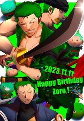 Rule 34 | 1boy, character doll, dated, foreshortening, green hair, green theme, happy birthday, highres, holding, holding sword, holding weapon, male focus, marimo, marimo zoro, mlh7q, multiple views, one piece, personification, plantification, roronoa zoro, scar, scar across eye, serious, short hair, sword, weapon, weapon in mouth