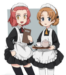 Rule 34 | 10s, 2girls, alternate costume, apron, ascot, black dress, black legwear, blue eyes, braid, brown eyes, collared dress, commentary request, cowboy shot, cup, dress, enmaided, girls und panzer, grey background, hand on own hip, holding, long sleeves, looking at viewer, maid, maid apron, maid headdress, menu, multiple girls, nogitatsu, open mouth, orange hair, orange pekoe (girls und panzer), outside border, pantyhose, parted bangs, red ascot, red hair, rosehip (girls und panzer), saucer, short dress, short hair, smile, standing, teacup, teapot, thighhighs, tray, twin braids, white legwear, yellow ascot