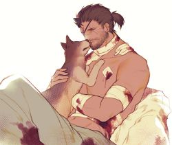 Rule 34 | 1boy, amputee, animal, bandages, blood, bloody bandages, blue eyes, brown hair, collarbone, diamond dog, dog, eboda-x, eyepatch, facial hair, facial scar, highres, holding, holding animal, holding dog, horns, large pectorals, licking, looking at animal, male focus, mature male, metal gear (series), metal gear solid v: the phantom pain, navel, pectorals, ponytail, puppy, scar, scar across eye, scar on arm, scar on cheek, scar on face, scar on nose, short hair, simple background, single horn, solo, topless male, venom snake, white background