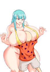 Rule 34 | 1boy, 1girl, absurdres, age difference, between breasts, bikini, blue hair, breasts, dragon ball, dragonball z, erection, highres, huge breasts, looking at another, maron (dragon ball), muten roushi, naughty face, old, old man, pervert, shiny skin, swimsuit, vaimara18