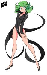 Rule 34 | 1girl, bare legs, bigdead, breasts, cleavage, dress, green eyes, green hair, long sleeves, matching hair/eyes, one-punch man, simple background, small breasts, solo, tagme, tatsumaki, white background