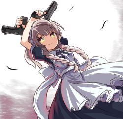 Rule 34 | 10s, 1girl, apron, arms up, black lagoon, braid, commentary request, cosplay, female focus, from below, grey hair, gun, handgun, looking at viewer, love live!, love live! school idol project, maid, maid apron, maid headdress, minami kotori, roberta (black lagoon), roberta (black lagoon) (cosplay), shipii (jigglypuff), smile, solo, twin braids, weapon, yellow eyes