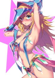 Rule 34 | 1girl, areola slip, arm behind head, arm up, armpits, bare shoulders, belt, blonde hair, blue gloves, blush, breasts, capelet, choker, collarbone, condom, dark magician girl, elbow gloves, fuya (tempupupu), gloves, green eyes, hair between eyes, hat, hip focus, large breasts, long hair, looking at viewer, multiple condoms, navel, open mouth, pentacle, puckered lips, sideboob, slingshot swimsuit, solo, sparkle, star (symbol), sweat, swimsuit, thighs, used condom, white background, wizard hat, yu-gi-oh!