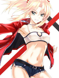 Rule 34 | 1girl, armpits, bandeau, belt, blonde hair, blush, braid, breasts, cleavage, cowboy shot, cutoffs, fate/apocrypha, fate (series), green eyes, grin, hair between eyes, highres, jacket, jewelry, kurokawa (silve), leather, leather jacket, long hair, looking at viewer, mordred (fate), mordred (fate/apocrypha), mordred (memories at trifas) (fate), navel, necklace, ponytail, red jacket, short shorts, shorts, small breasts, smile, solo, stomach, teeth, white background