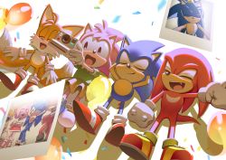 Rule 34 | 1girl, 3boys, :d, absurdres, amy rose, black eyes, camera, closed eyes, fang, highres, hyeon sonic, knuckles the echidna, multiple boys, open mouth, photo (object), smile, sonic (series), sonic the hedgehog, sonic the hedgehog (classic), tails (sonic)