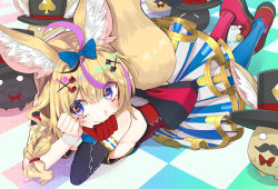 Rule 34 | 1girl, ahoge, animal ears, blonde hair, blush, bow, braid, breasts, facial hair, fennec fox, fox ears, fox girl, gloves, gold trim, hair between eyes, hair ornament, hat, heart, heart-shaped pupils, hololive, itaboon, long hair, looking at viewer, lying, multicolored hair, mustache, omaru polka, omaru polka (1st costume), on stomach, pink hair, playing card theme, purple eyes, sideboob, single glove, skirt, smile, solo, striped clothes, striped skirt, symbol-shaped pupils, tail, top hat, virtual youtuber