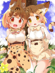 Rule 34 | 2girls, :d, animal ear fluff, animal ears, bare shoulders, blonde hair, blue sky, blush, bow, bowtie, breasts, brown eyes, cat ears, cat girl, cat tail, cloud, cloudy sky, commentary request, day, elbow gloves, fang, feet out of frame, gloves, grass, hand up, high-waist skirt, highres, kemono friends, makuran, medium breasts, multiple girls, on grass, open mouth, outdoors, print gloves, print legwear, print neckwear, print skirt, sand cat (kemono friends), sand cat print, serval (kemono friends), serval print, serval tail, shirt, shoes, sitting, skirt, sky, sleeveless, sleeveless shirt, smile, striped tail, tail, tail raised, thighhighs, tree, white footwear, white gloves, white shirt