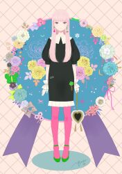 Rule 34 | 1girl, black dress, bow, collared dress, dress, earrings, floral background, flower, frilled dress, frills, full body, green footwear, grid background, highres, jewelry, leggings, long hair, original, pink hair, pink leggings, puffy short sleeves, puffy sleeves, ribata, ribbon, short sleeves, signature, solo, stamp mark, standing, grid background, wrist cuffs