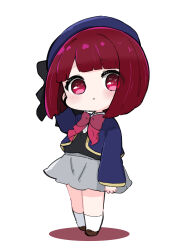 Rule 34 | 1girl, :&lt;, absurdres, arima kana, beret, black vest, blue hat, blue jacket, bow, brown footwear, chibi, colored shadow, commentary request, full body, grey skirt, hand up, hat, highres, jacket, loafers, long sleeves, looking at viewer, nozo (hitomiz), open clothes, open jacket, oshi no ko, parted lips, red bow, red eyes, red hair, shadow, shirt, shoes, short hair, simple background, skirt, sleeves past wrists, socks, solo, standing, triangle mouth, vest, white background, white shirt, white socks, wide sleeves