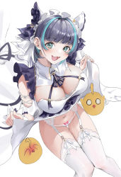 Rule 34 | 1girl, aqua eyes, aqua hair, azur lane, blue hair, blush, bow, bow panties, breasts, cheshire (azur lane), cleavage, clothes lift, commentary request, covering own eyes, detached sleeves, dress, dress lift, fang, garter straps, highres, large breasts, looking at viewer, maid, maid headdress, manjuu (azur lane), multicolored hair, natsugou shinogi, navel, o o, panties, photoshop (medium), revision, ribbon, smile, streaked hair, thigh gap, thighhighs, thighs, underwear, white thighhighs, wrist cuffs