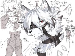 Rule 34 | 1boy, animal ear fluff, animal ears, body fur, claws, closed mouth, collared jacket, commentary request, eyepatch, fingerless gloves, furry, furry male, gloves, hair between eyes, harness, highres, jacket, looking at viewer, male focus, pants, partially colored, portrait, rata (norahasu), red eyes, simple background, tail, von lycaon, white background, white fur, wolf boy, wolf ears, wolf tail, zenless zone zero