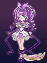 Rule 34 | 10s, 1girl, alternate universe, artist request, blue eyes, brooch, choker, copyright name, cure symphony, dress, drill hair, gloves, gradient background, hair ribbon, hairband, heart, jewelry, logo, long hair, magical girl, original, precure, puffy sleeves, purple background, purple hair, purple ribbon, purple theme, ribbon, shoes, simple background, solo, standing, suite precure, toudou koto
