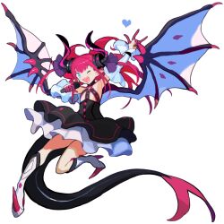 Rule 34 | 1girl, ;d, \n/, arm up, black dress, black tail, blue eyes, blue heart, boots, claws, curled horns, detached sleeves, diamond (shape), dragon girl, dragon horns, dragon tail, dragon wings, dress, elizabeth bathory (fate), elizabeth bathory (fate/extra ccc), fate/extra, fate/extra ccc, fate/grand order, fate (series), full body, heart, high heel boots, high heels, holding, holding microphone, horn ornament, horn ribbon, horns, jumping, knee boots, long hair, microphone, music, one eye closed, open mouth, petticoat, pink hair, pink horns, pointy ears, purple ribbon, rae (hexedwithluck), ribbon, simple background, singing, smile, solo, tail, transparent background, white footwear, white sleeves, white wings, wings
