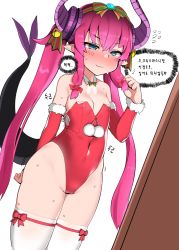 Rule 34 | 1girl, bare shoulders, bell, blue eyes, blush, bow, bow legwear, breasts, christmas, covered navel, curled horns, detached collar, detached sleeves, dragon girl, dragon horns, dragon tail, elizabeth bathory (fate), elizabeth bathory (fate/extra ccc), fate/grand order, fate (series), gem, hair bell, hair between eyes, hair bow, hair ornament, highleg, highleg leotard, highres, horns, leotard, long hair, nose blush, pink hair, pointy ears, pom pom (clothes), red bow, red leotard, shufflebox, small breasts, smile, solo, strapless, strapless leotard, sweat, tail, thighhighs, twintails, white thighhighs