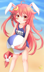 Rule 34 | 1girl, ahoge, animal ears, bad id, bad pixiv id, ball, bare arms, bare shoulders, beachball, black ribbon, blue one-piece swimsuit, blush, breasts, closed mouth, collarbone, commentary request, crescent, crescent hair ornament, feet out of frame, hair between eyes, hair ornament, hair ribbon, highres, holding, holding ball, kantai collection, kemonomimi mode, long hair, looking at viewer, one-piece swimsuit, rabbit ears, rabbit hair ornament, red eyes, red hair, ribbon, school swimsuit, sidelocks, sills, small breasts, solo, swimsuit, uzuki (kancolle), very long hair, water