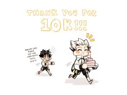 Rule 34 | !, !!, 2boys, akaashi keiji, artist name, black hair, black shorts, bokuto koutarou, cake, character name, claireiosity, english text, eyebrows, closed eyes, food, haikyuu!!, happy, holding, holding food, jacket, jacket on shoulders, jersey, male focus, multicolored hair, multiple boys, nervous, open mouth, pale skin, short hair, shorts, spiked hair, sportswear, teeth, twitter username, two-tone hair, volleyball uniform, walking, watermark, white hair, white jacket