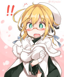 Rule 34 | 1girl, :o, blonde hair, blue eyes, blush, breasts, capelet, dress, fur-trimmed capelet, fur trim, glasses, gloves, hat, i-8 (kancolle), kantai collection, large breasts, low twintails, peaked cap, red-framed eyewear, sailor hat, simple background, solo, suka, twintails, upper body, white background, white dress, white gloves