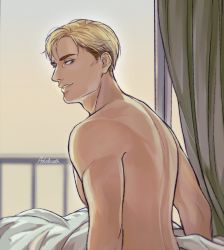 Rule 34 | 1boy, adelnath, artist name, blanket, blonde hair, blue eyes, curtains, erwin smith, highres, male focus, profile, shingeki no kyojin, signature, smile, solo, topless male, upper body