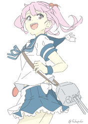 Rule 34 | 1girl, adapted turret, apron, badge, blue sailor collar, blue skirt, cannon, cowboy shot, frilled apron, frilled skirt, frills, fubupula, hair bobbles, hair ornament, highres, kantai collection, pink eyes, pink hair, pleated skirt, rabbit, sailor collar, sazanami (kancolle), sazanami kai (kancolle), school uniform, serafuku, short hair, simple background, skirt, smile, solo, turret, twintails, upper body, waist apron, white apron, white background, wrist cuffs