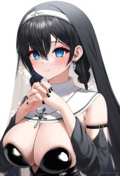 Rule 34 | 1girl, absurdres, black hair, black headwear, black nails, blue eyes, blush, braid, breasts, cleavage, closed mouth, cross, cross necklace, detached sleeves, earrings, hair between eyes, highres, jewelry, kohanayuki, large breasts, long hair, long sleeves, looking at viewer, mole, mole under eye, nail polish, necklace, nun, original, own hands together, simple background, smile, solo, twin braids, twitter username, upper body, veil, white background