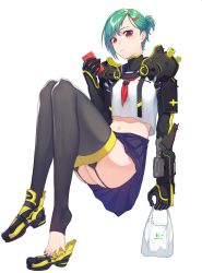 Rule 34 | 1girl, bad id, bad twitter id, black thighhighs, blue skirt, cellphone, cybernetic, full body, green hair, hair ornament, hairpin, hakisou, highres, holding, holding phone, legs, looking at viewer, mechanical parts, nail polish, navel, necktie, original, packet, parted lips, phone, purple eyes, red necktie, sailor collar, shoes, unworn shoes, short hair, simple background, single shoe, skirt, sneakers, solo, stomach, thighhighs, white background, yellow footwear