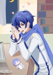 Rule 34 | 1boy, absurdres, blue eyes, blue hair, blue nails, blue scarf, character doll, computer, dated, heart, highres, kaito (vocaloid), kanta (pixiv9296614), laptop, looking at viewer, scarf, sketch, smile, solo, stuffed toy, vocaloid
