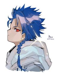 Rule 34 | 1boy, absurdres, blue capelet, blue hair, braid, capelet, closed mouth, cropped torso, cu chulainn (caster) (fate), cu chulainn (fate), cu chulainn (fate/stay night), earrings, fate/grand order, fate/grand order arcade, fate (series), from side, glint, highres, hood, hood down, hooded capelet, jewelry, long hair, looking at viewer, looking to the side, male focus, parted bangs, profile, red eyes, setanta (fate), signature, simple background, single braid, sofra, solo, sparkle, twitter username, upper body, white background