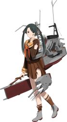 Rule 34 | 1girl, black hair, brown neckerchief, brown sailor collar, brown serafuku, brown skirt, burnt clothes, damaged, dirt on face, full body, hair ribbon, hand on own face, highres, kantai collection, long hair, long sleeves, looking at viewer, machinery, mikuma (kancolle), mikuma kai ni (kancolle), neckerchief, official art, open mouth, pleated skirt, ribbon, sailor collar, school uniform, serafuku, shibafu (glock23), skirt, smile, solo, third-party source, transparent background, turret, twintails