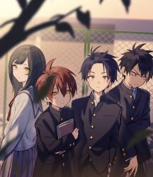 Rule 34 | 1girl, 3boys, black hair, blurry, blurry foreground, book, branch, chain-link fence, closed mouth, fence, gakuran, highres, holding, holding book, jacket, leaf, long sleeves, looking at viewer, multiple boys, original, outdoors, pillow (nutsfool), pleated skirt, red hair, sailor collar, school uniform, serafuku, skirt, spiked hair, yellow eyes