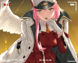Rule 34 | 10s, 1girl, angel wings, blush, breasts, candy, cangkong, coat, copyright name, darling in the franxx, dress, feathered wings, food, gloves, green eyes, hat, highres, holding, holding food, jacket, jacket on shoulders, leaning forward, lips, lollipop, long hair, long sleeves, looking at viewer, medium breasts, military, military uniform, pantyhose, parted lips, peaked cap, pink hair, recording, red dress, single wing, solo, sweets, tsurime, uniform, viewfinder, white coat, white gloves, white hat, white wings, wings, zero two (darling in the franxx)
