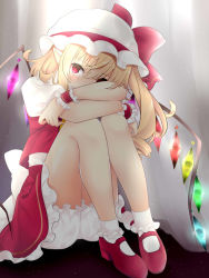 Rule 34 | 1girl, arms on knees, blonde hair, bloomers, blush, bobby socks, commentary request, crystal, curtains, flandre scarlet, glowing, hair between eyes, hat, hat ribbon, highres, knees to chest, light particles, mary janes, mob cap, on ground, pointy ears, puffy short sleeves, puffy sleeves, red footwear, red skirt, red vest, ribbon, shoes, short hair, short sleeves, side ponytail, sitting, skirt, socks, solo, tears, tosakaoil, touhou, underwear, vest, white socks, wings, wrist cuffs
