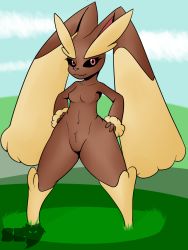 Rule 34 | 1girl, animal ears, artist name, black sclera, breasts, cloud, collarbone, colored sclera, creatures (company), full body, furry, furry female, game freak, gen 4 pokemon, grass, hands on own hips, highres, legs apart, looking at viewer, lopunny, navel, nintendo, no nipples, outdoors, pink eyes, pokemon, pokemon (creature), pokemon dppt, rabbit ears, sev (pelao0o), simple background, sky, small breasts, smile, solo, standing, text focus, watermark