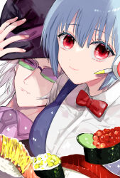 Rule 34 | 1boy, 1girl, blue hair, breasts, commentary request, food, grey hair, hat, highres, inkamuko, kura sushi, large breasts, looking at viewer, red eyes, short hair, sunglasses, sushi, upper body, user tcjn5344, waruiman