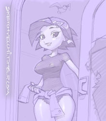 Rule 34 | 10s, 1girl, breasts, clothes around waist, covered erect nipples, creatures (company), doorway, fletchling, game freak, gen 6 pokemon, grace (pokemon), hair ornament, hairclip, large breasts, mature female, monochrome, mother (pokemon), naughty face, nintendo, no pants, opening door, panties, pokemon, pokemon (creature), pokemon xy, robert de jesus, shirt, shirt around waist, short hair, smile, underwear, wide hips