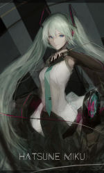 Rule 34 | 1girl, abstract, aqua eyes, aqua necktie, arm up, blue eyes, character name, closed mouth, detached sleeves, expressionless, hair between eyes, hair ornament, hatsune miku, highres, long hair, long sleeves, looking at viewer, marumoru, microphone, necktie, shirt, solo, twintails, very long hair, vocaloid, white shirt