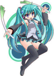Rule 34 | 1girl, aqua hair, blue eyes, blush, boots, cosplay, detached sleeves, hatsune miku, hatsune miku (cosplay), hiiragi kagami, looking at viewer, lucky star, necktie, panties, pantyshot, shinshin, skirt, solo, spring onion, striped clothes, striped panties, thigh boots, thighhighs, underwear, upskirt, vocaloid