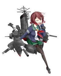 Rule 34 | 10s, 1girl, black pantyhose, blue jacket, brown hair, cannon, crescent, crescent pin, gradient hair, green skirt, highres, jacket, kantai collection, loafers, looking at viewer, machinery, minosu, multicolored hair, mutsuki (kancolle), mutsuki kai ni (kancolle), neckerchief, one eye closed, pantyhose, pleated skirt, red hair, red neckerchief, school uniform, serafuku, shoes, short hair, simple background, skirt, smokestack, solo, turret, white background