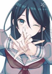 Rule 34 | 1girl, :o, black hair, blue eyes, blush, grey shirt, hair between eyes, hands up, head tilt, highres, hoshino ichika (project sekai), long sleeves, looking at viewer, neckerchief, one eye closed, open mouth, own hands together, portrait, project sekai, red neckerchief, ritzchrono, sailor collar, school uniform, shirt, simple background, sleeve cuffs, solo, star (symbol), white background, white sailor collar